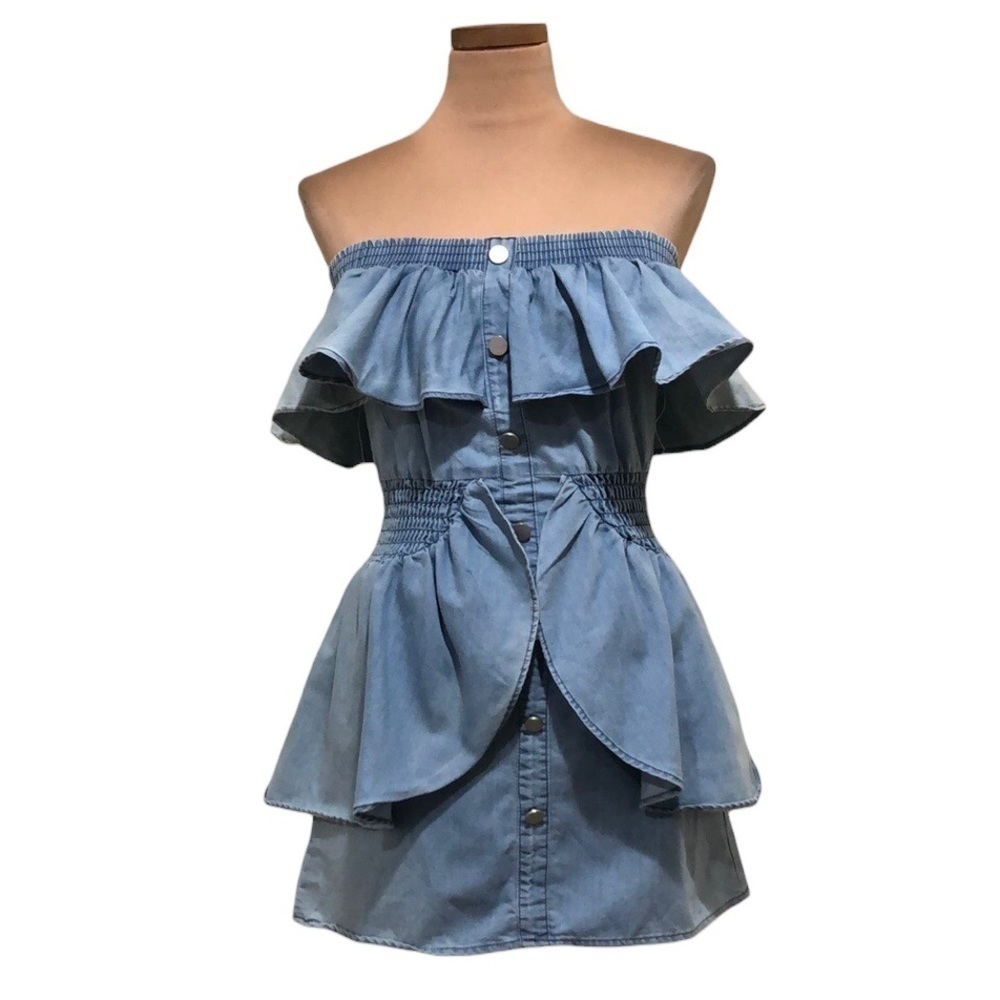Jill Stuart Mini Dress Size XS Light Blue Chambray Denim Ruffle Peplum